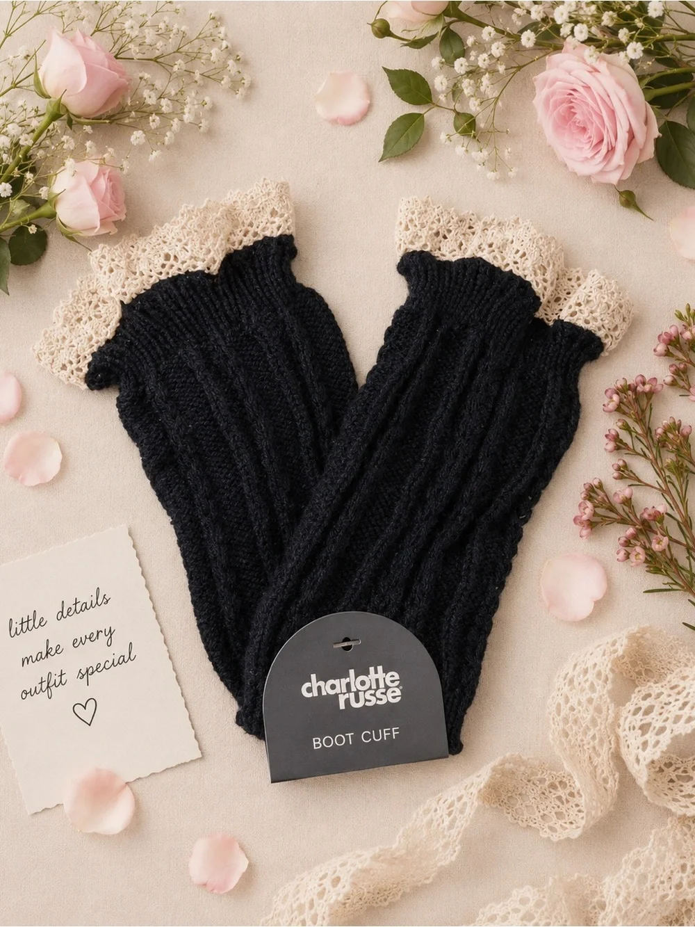 NWT Charlotte Russe Crochet Knit Boot Cuffs Toppers Black with Ivory OS
